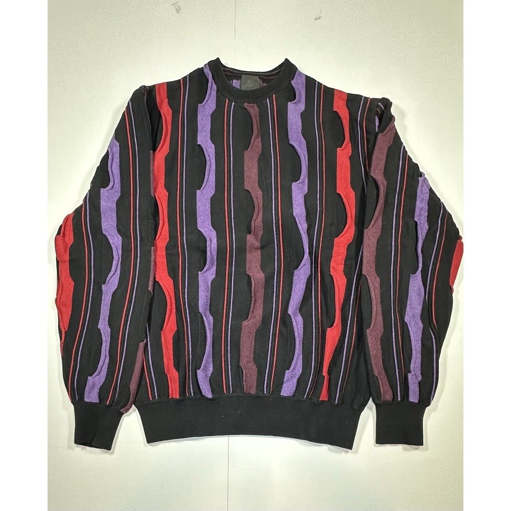 Vintage 3D Knit Textured Sweater Mens XL FX‎ Fusion Black Red Purple Striped